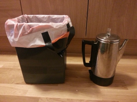 The coffee machine is about as big as a typical household trash can in Sweden. 